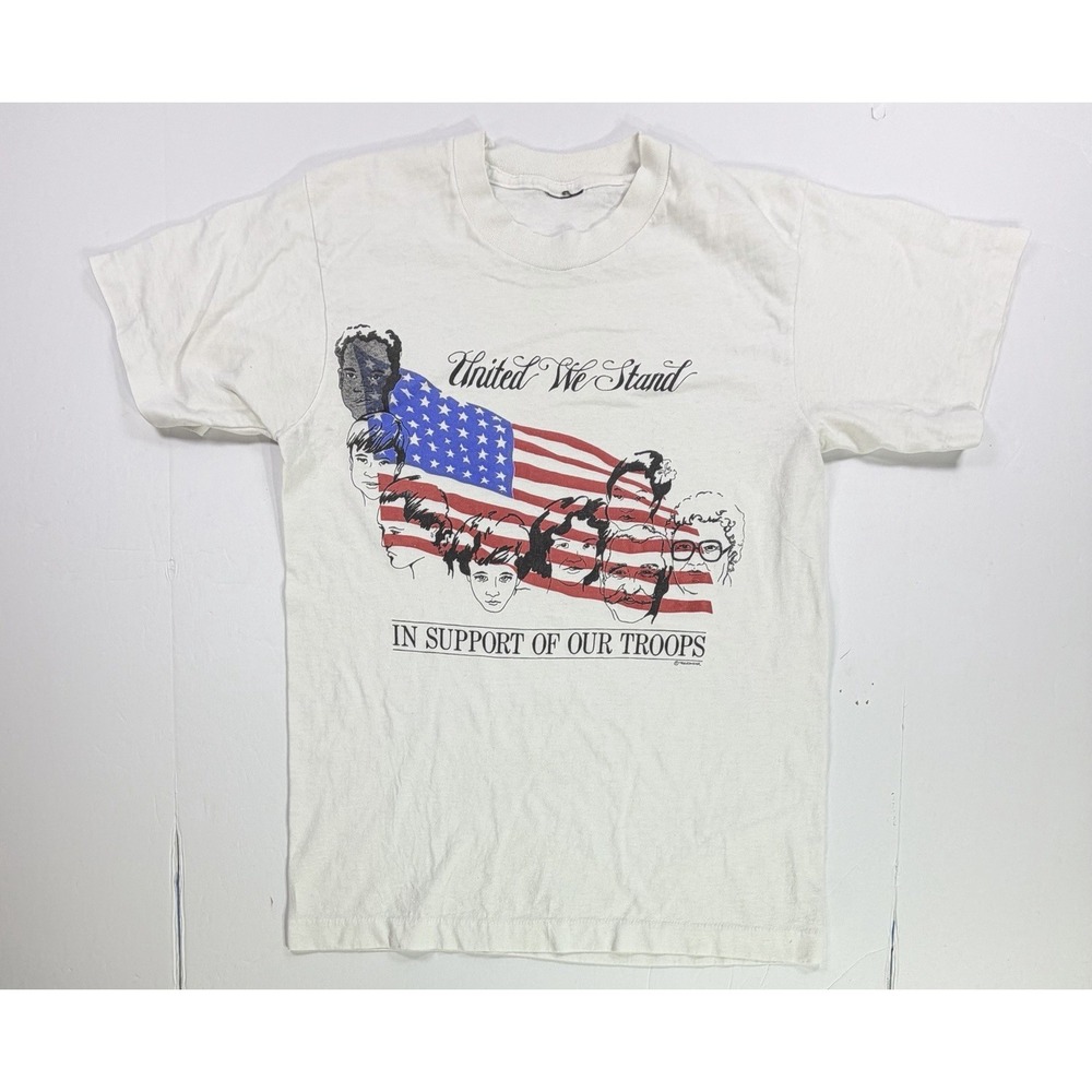 Vintage United We Stand In Support Of Our Troops T Shirt USA Patriotic Tee S